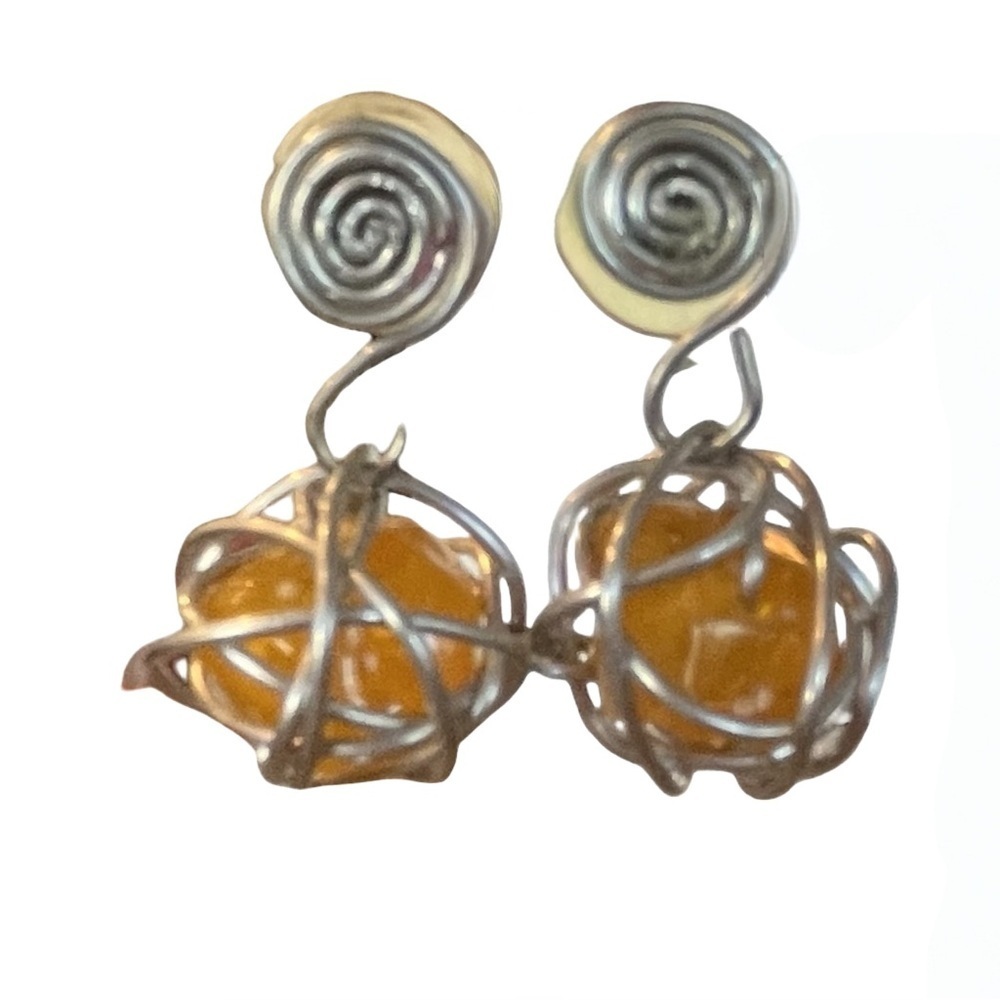 Vintage Abra Caged Aluminum and Amber Earrings